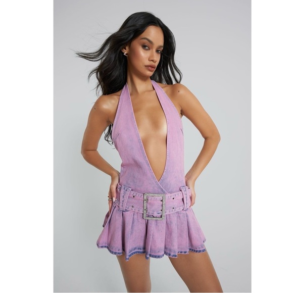 Jaded London Dresses & Skirts - Jaded London Malibu Plunge Denim Mini Dress with Diamonds